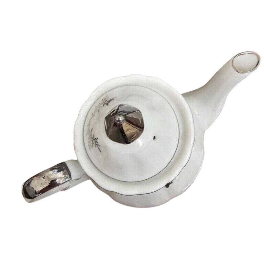 Vintage 25th Anniversary White Porcelain Teapot With Silver Accents & Floral Des - Picture 3 of 6